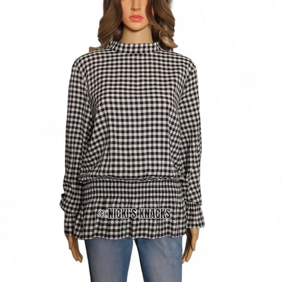 Gingham Smocked Waist Long Sleeve Blouse Black White Check H&M Top Size 14 - Picture 2 of 8